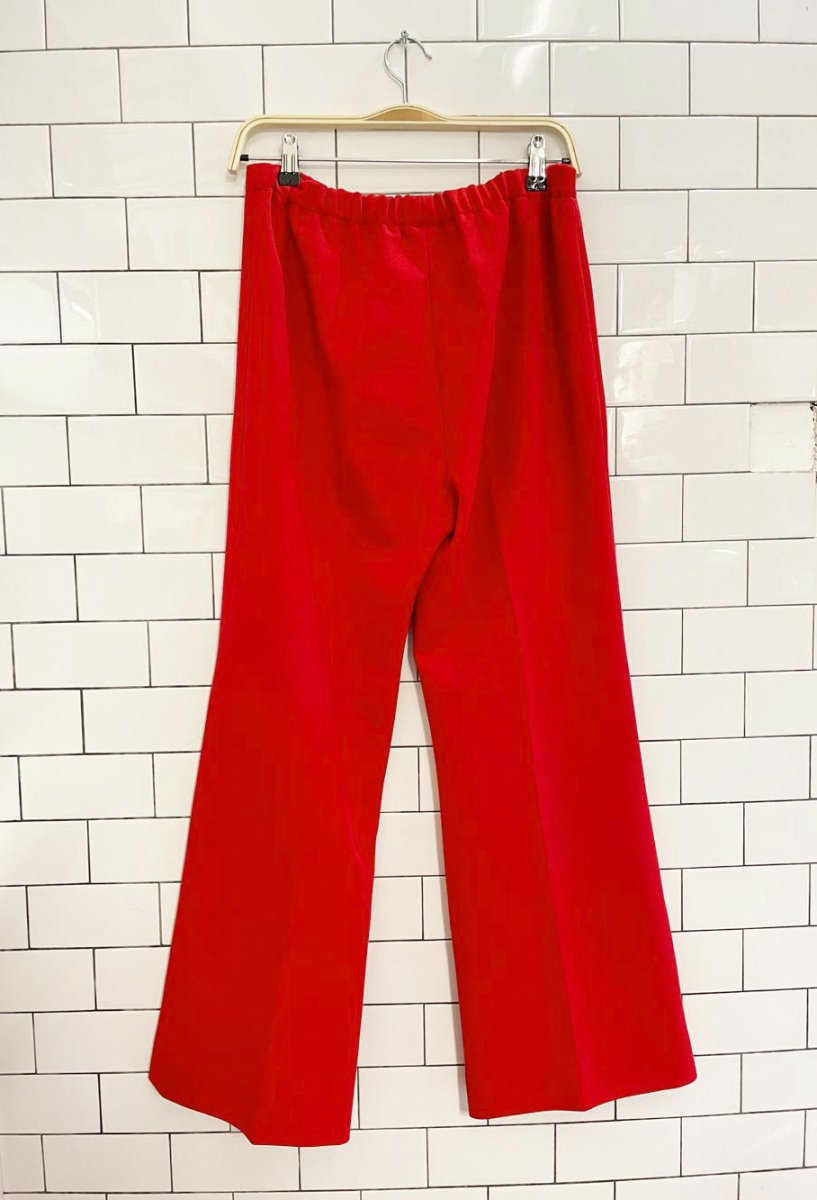 vintage 60s dell poly - knit red flare leg pant suit - good market thrift store