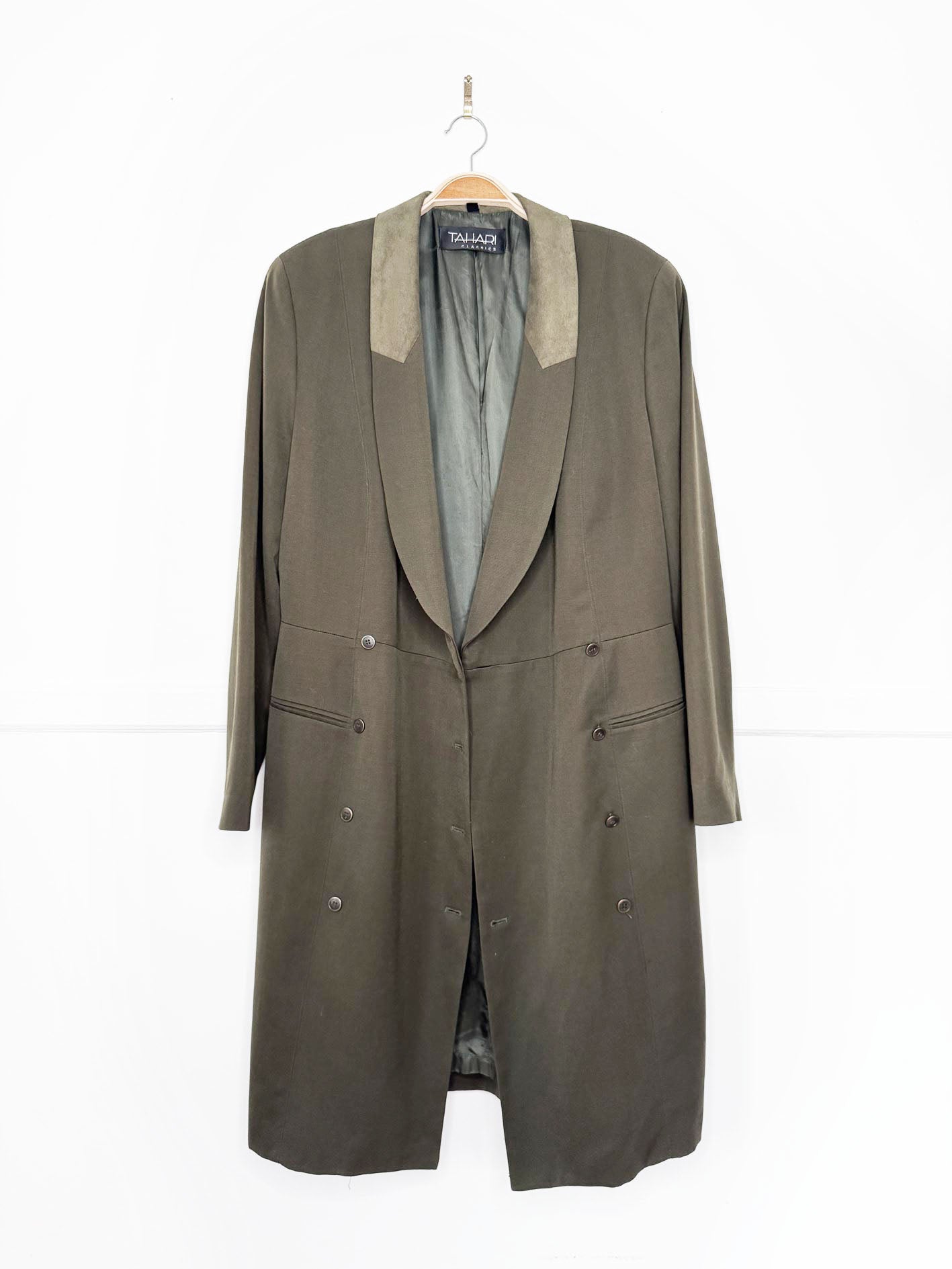 vintage 90s tahari suede collar 100% wool double breasted trench coat