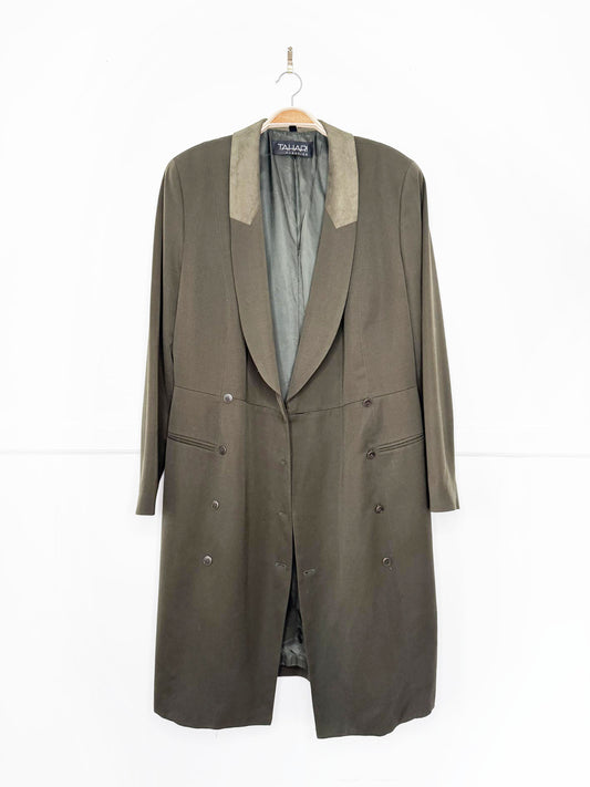 vintage 90s tahari suede collar 100% wool double breasted trench coat