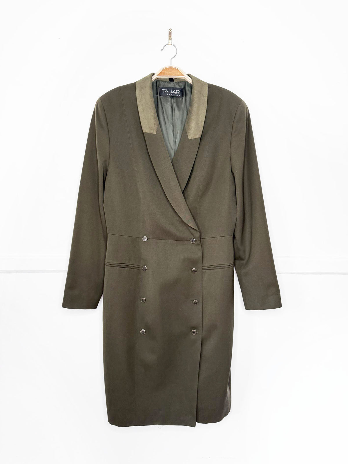 vintage 90s tahari suede collar 100% wool double breasted trench coat