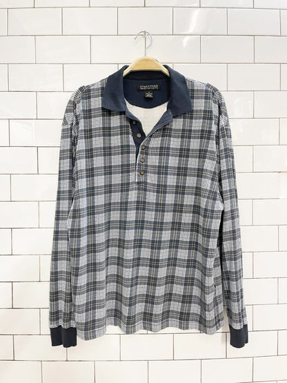 vintage structure plaid contrast collar long sleeve polo - good market thrift store