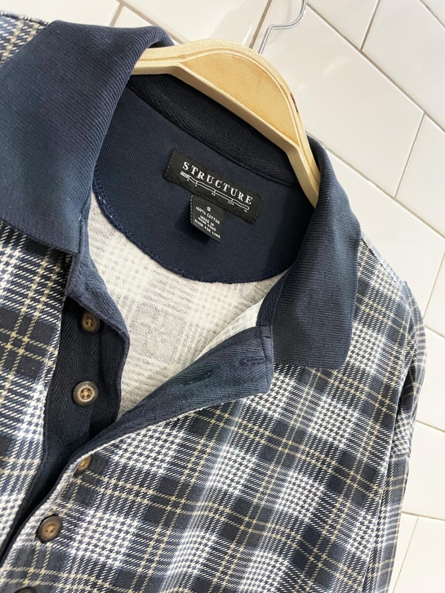 vintage structure plaid contrast collar long sleeve polo - good market thrift store