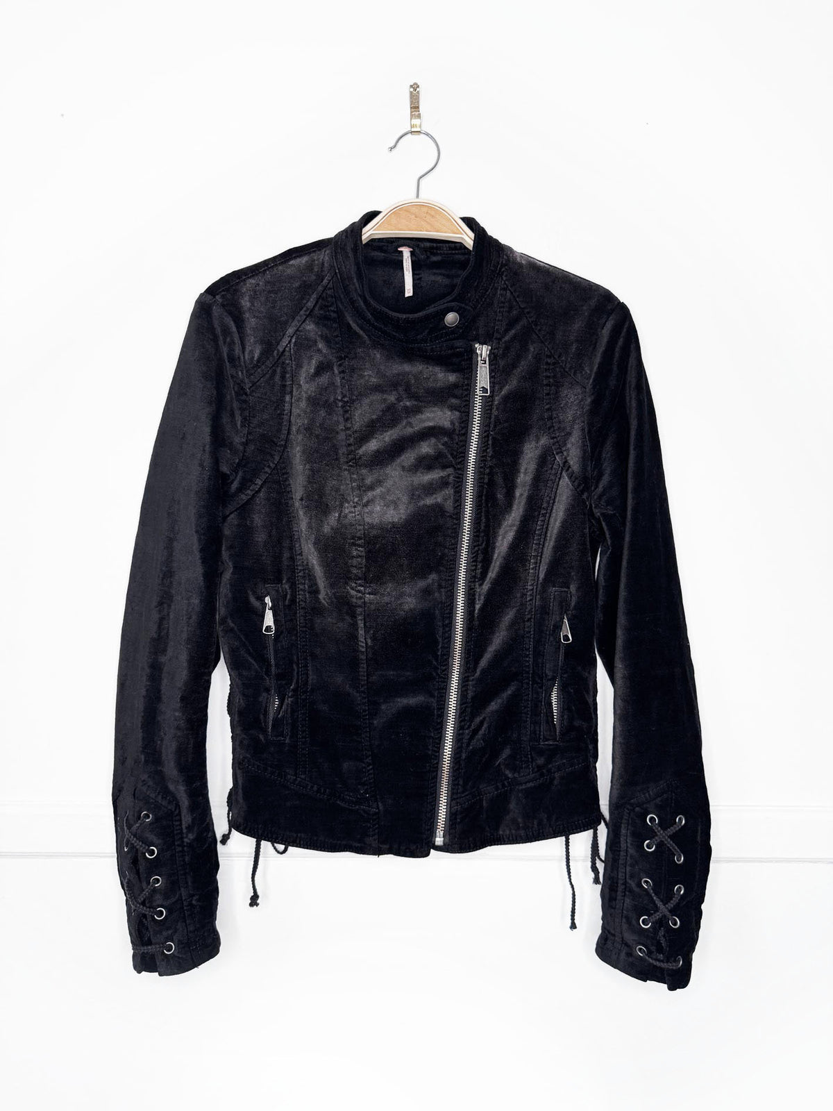 free people lacey stretch velvet biker jacket