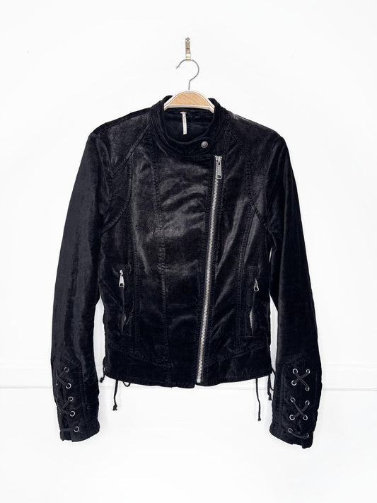 free people lacey stretch velvet biker jacket