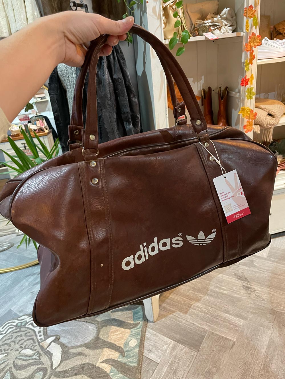 vintage 70s adidas faux leather duffle bag brown