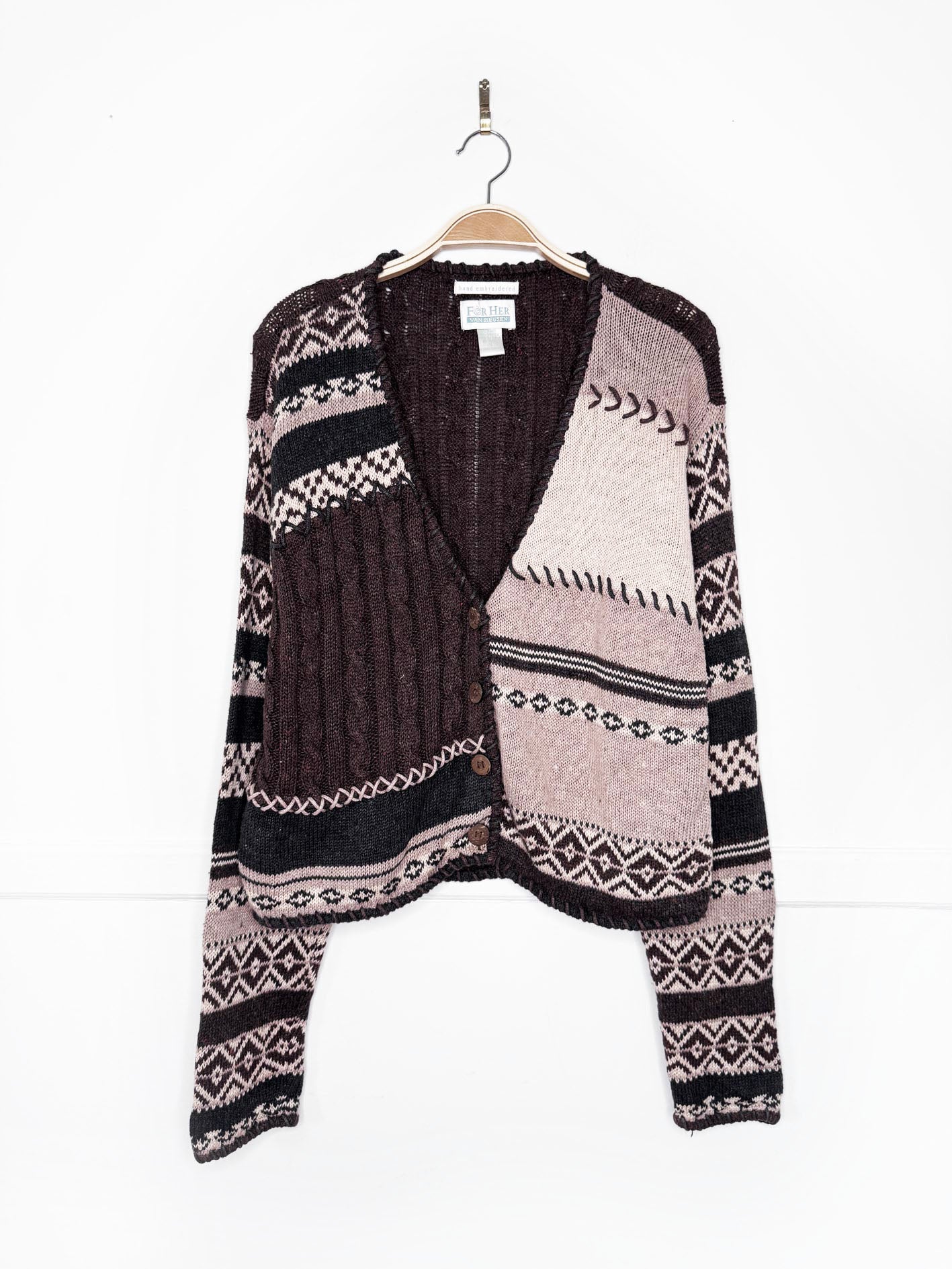 vintage 90s van heusen hand-embroidered oversized patchwork knit cardigan