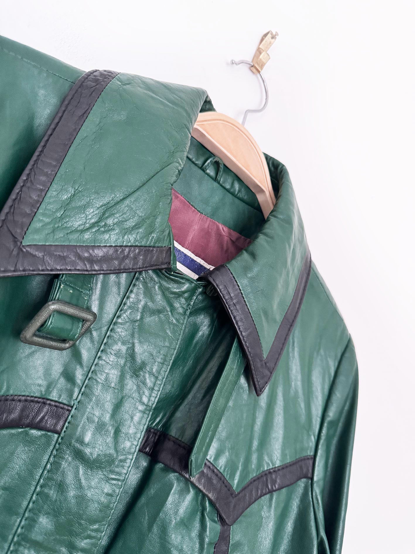 vintage 70s suburban heritage contrast trim bell sleeve long leather jacket