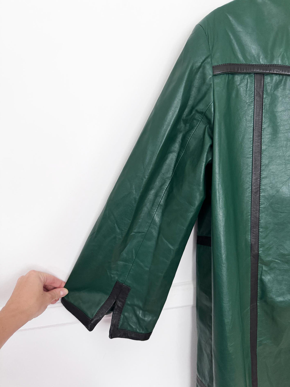 vintage 70s suburban heritage contrast trim bell sleeve long leather jacket