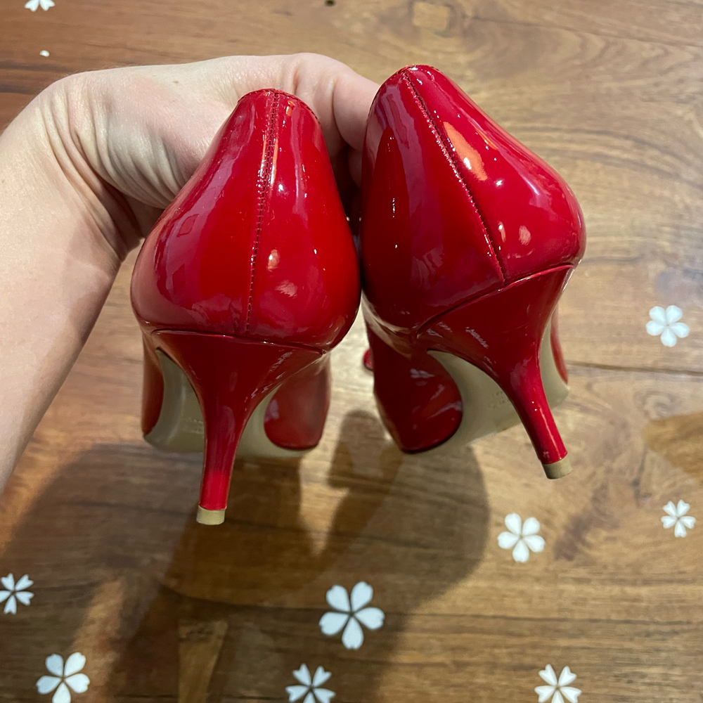 valentino red peep toe patent leather bow pumps - size 40