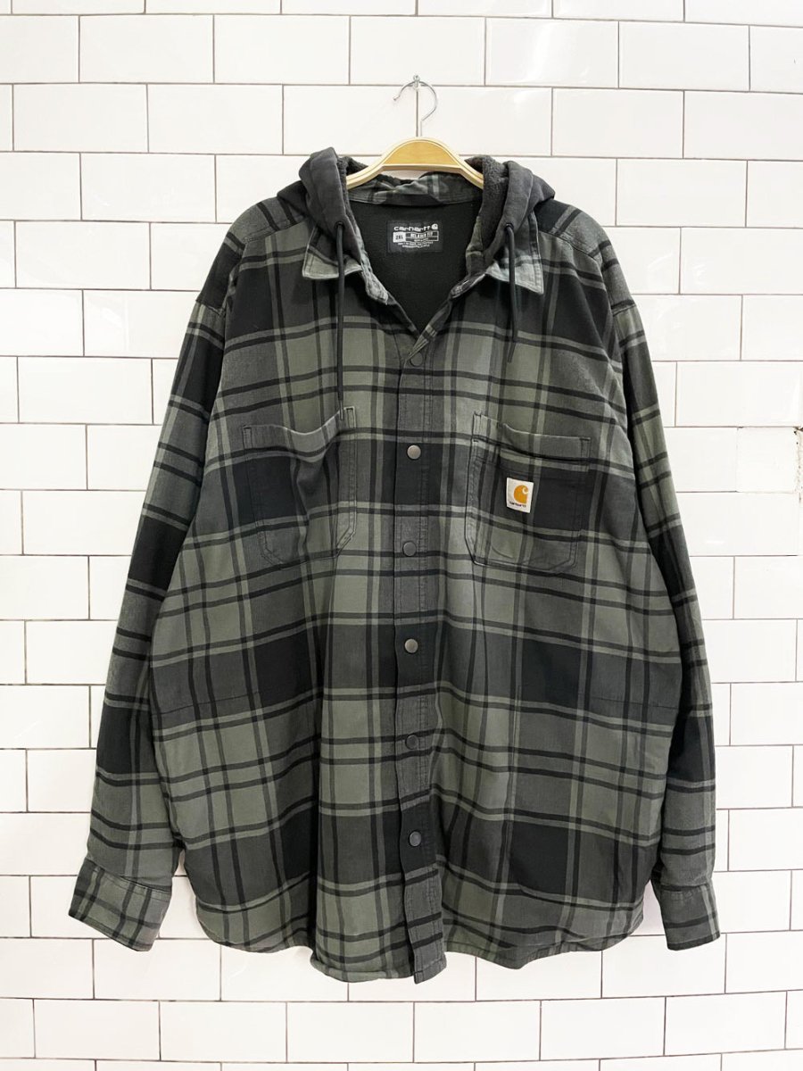 carthartt relaxed fit hooded fleece lined flannel shirt jacket - good market thrift store