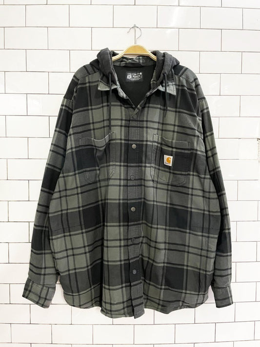 carthartt relaxed fit hooded fleece lined flannel shirt jacket - good market thrift store