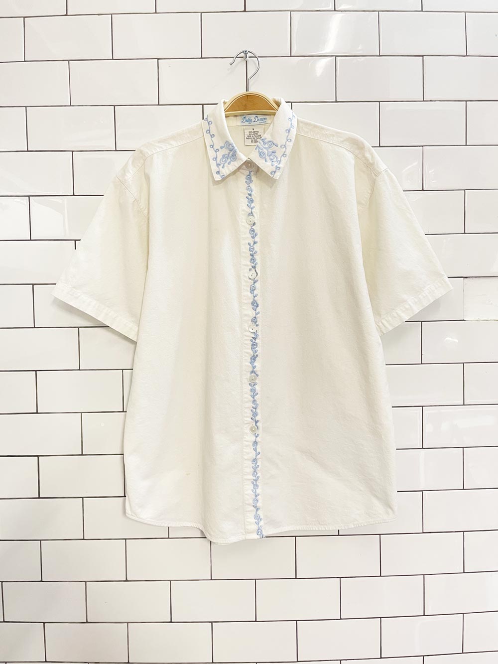 vintage 90s dolly denim embroidered collar shirt - good market thrift store