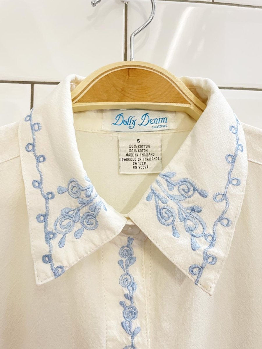vintage 90s dolly denim embroidered collar shirt - good market thrift store