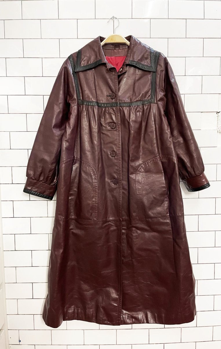 vintage leather empire contrast trim full length jacket - good market thrift store