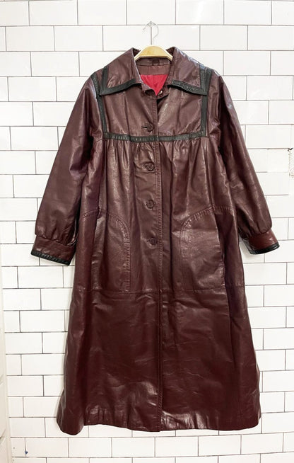 vintage leather empire contrast trim full length jacket - good market thrift store