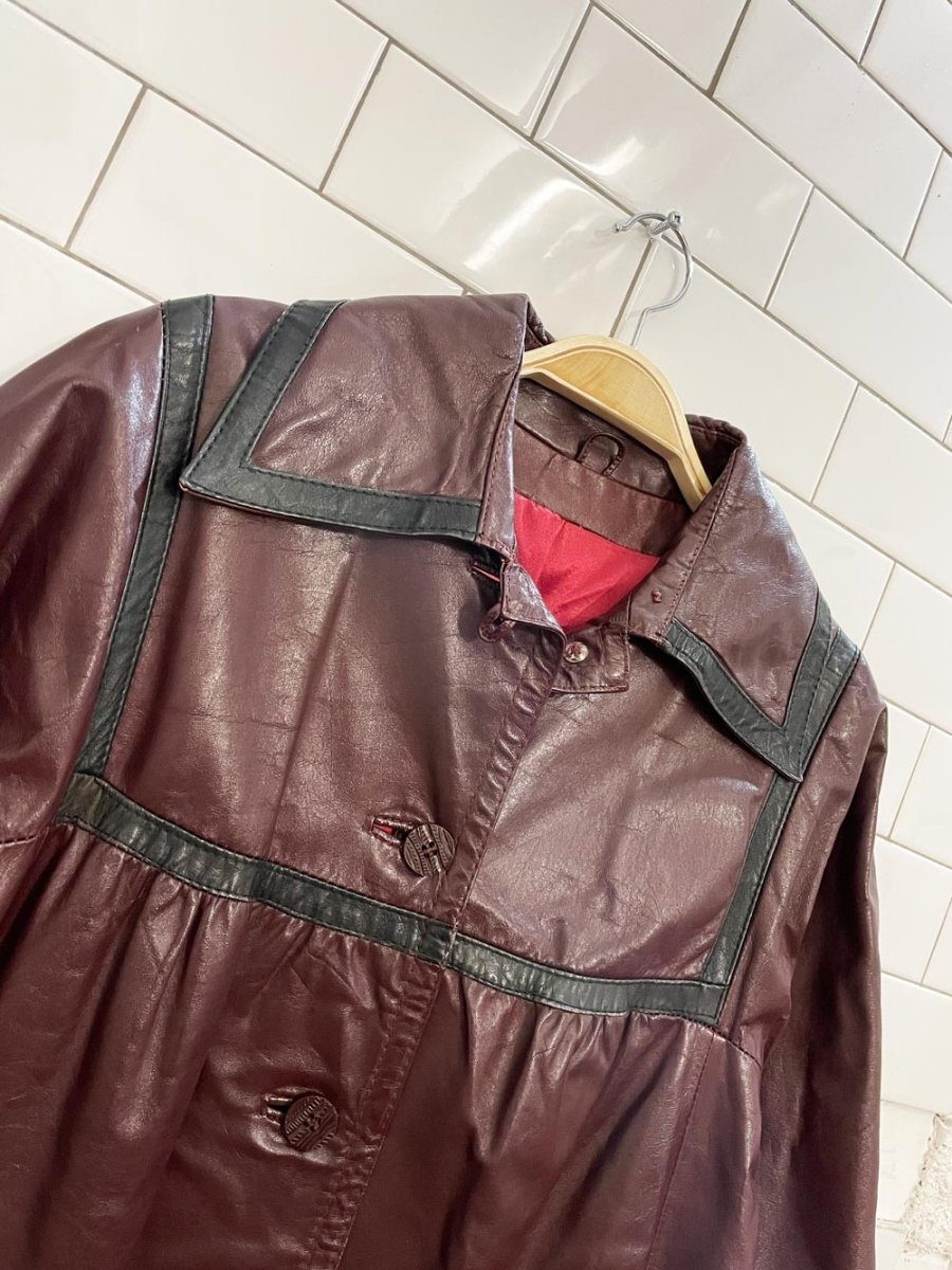 vintage leather empire contrast trim full length jacket - good market thrift store