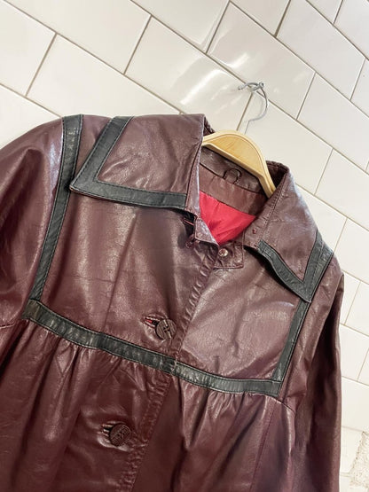 vintage leather empire contrast trim full length jacket - good market thrift store