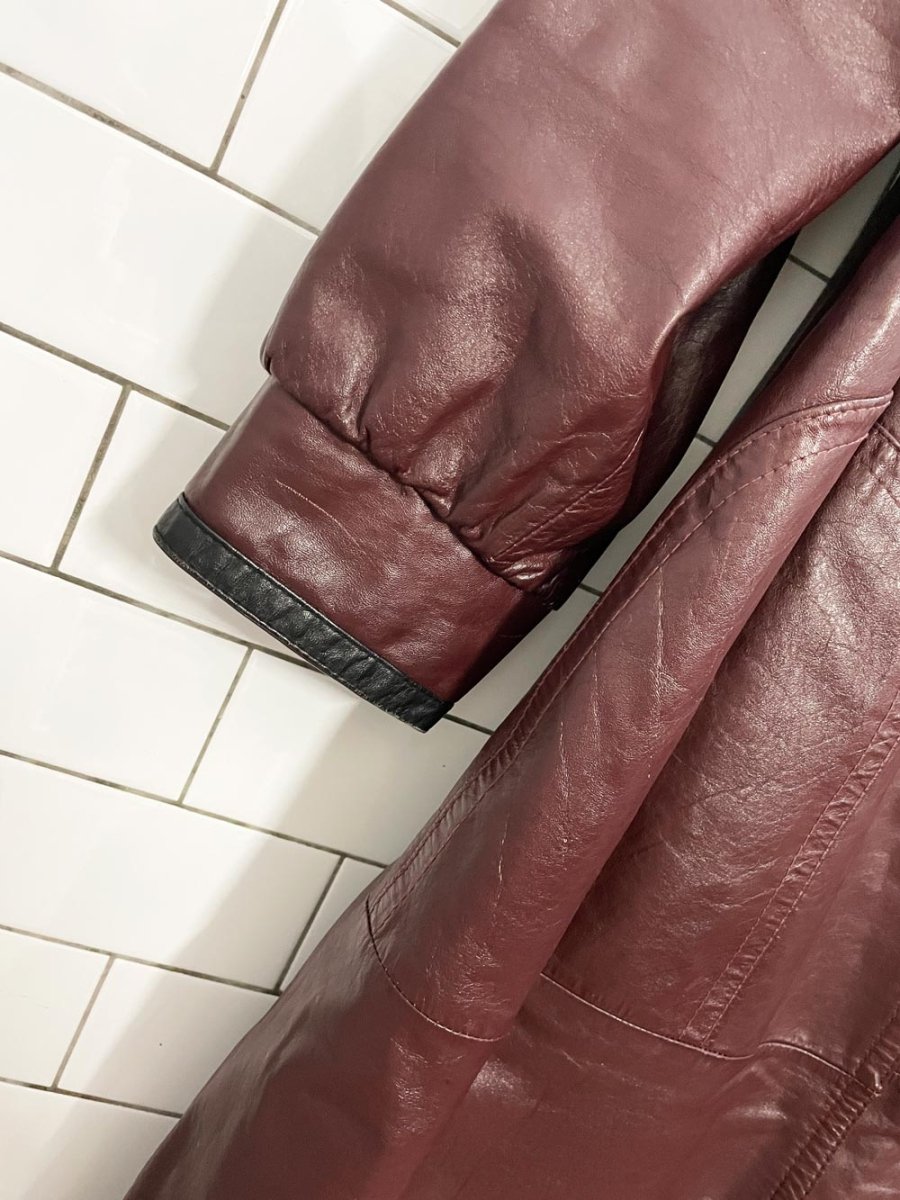 vintage leather empire contrast trim full length jacket - good market thrift store