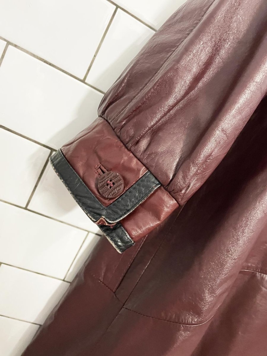 vintage leather empire contrast trim full length jacket - good market thrift store