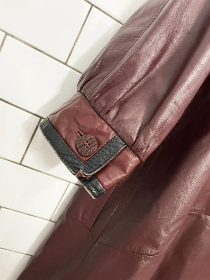 vintage leather empire contrast trim full length jacket - good market thrift store