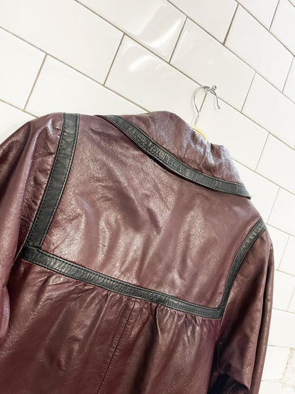 vintage leather empire contrast trim full length jacket - good market thrift store