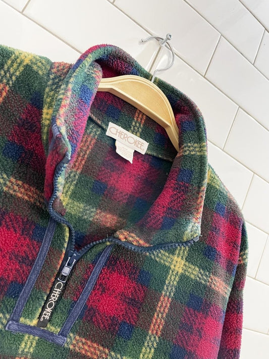 vintage 90s cherokee 1/4 zip plaid fleece pullover - good market thrift store