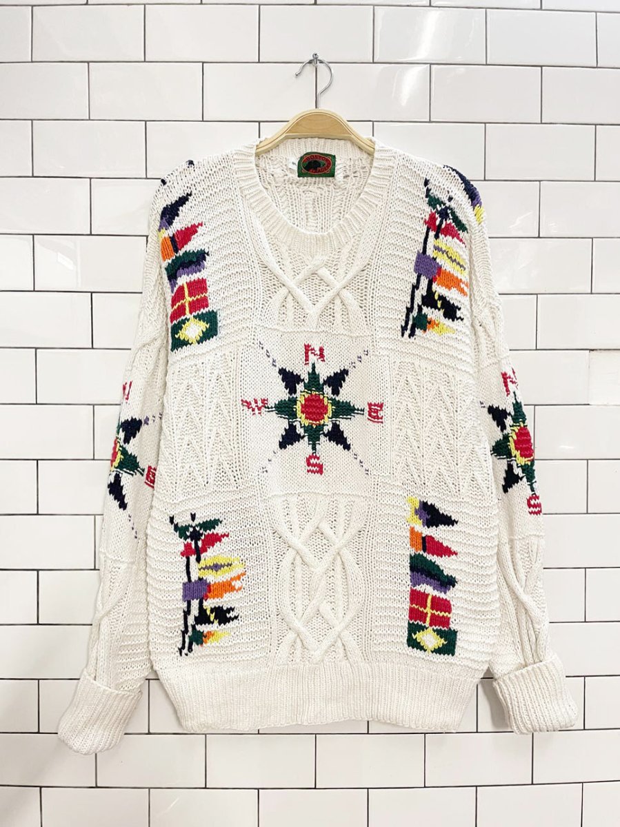 vintage boston traders hand - knit compass + flags chunky sweater - good market thrift store