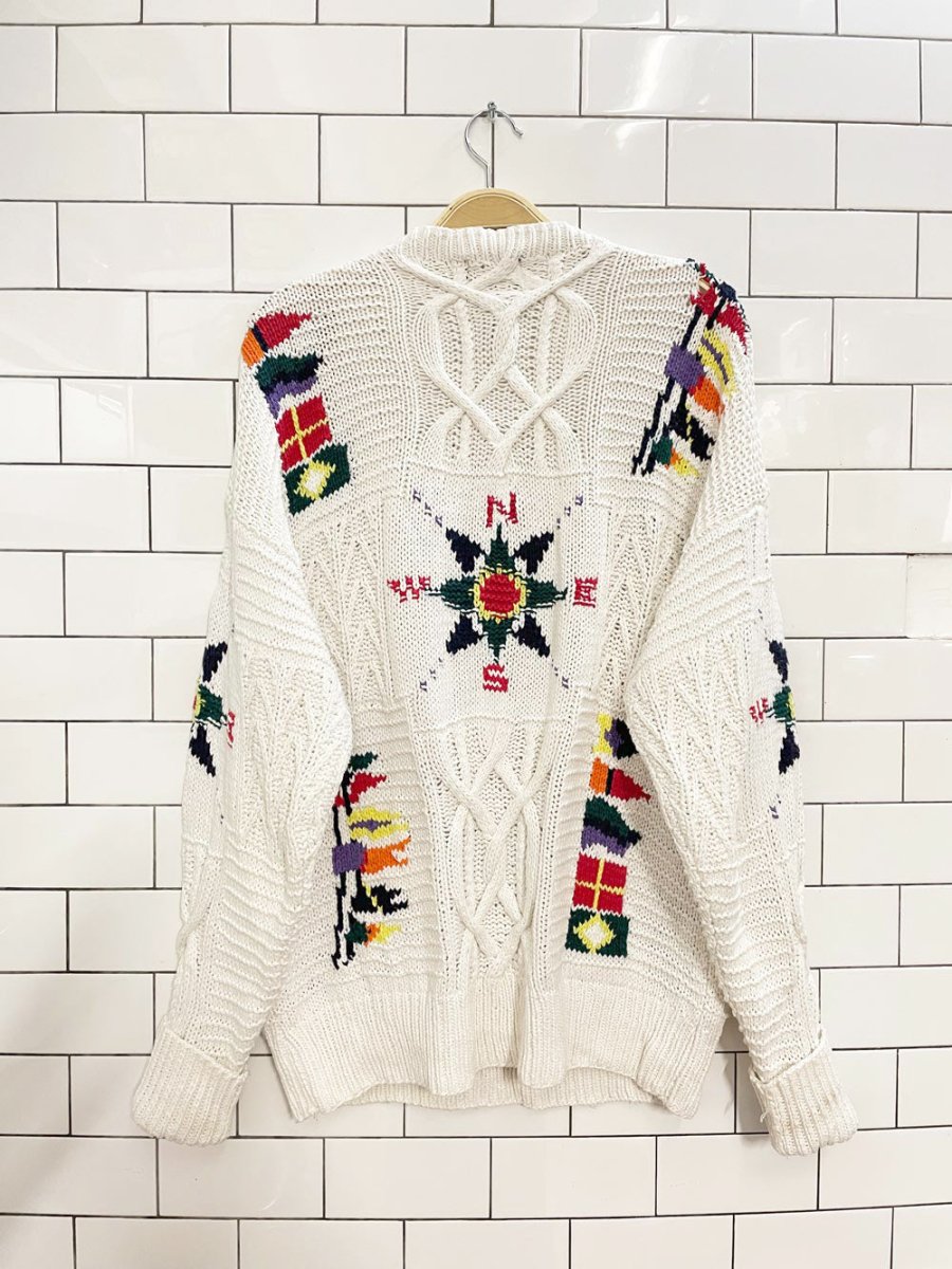 vintage boston traders hand - knit compass + flags chunky sweater - good market thrift store