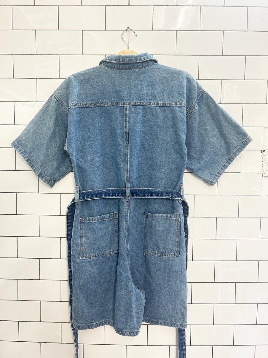 lxq 1/2 button short sleeve denim romper - good market thrift store