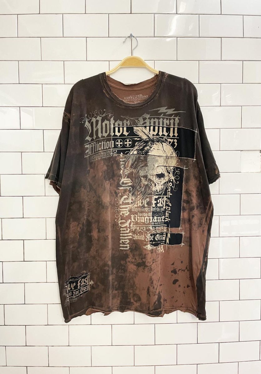 y2k affliction motor spirit patchwork skull tee - good market thrift store