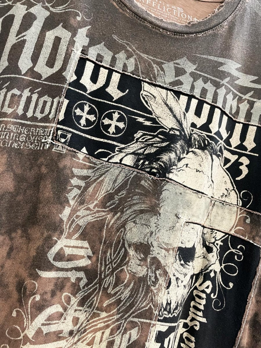 y2k affliction motor spirit patchwork skull tee - good market thrift store