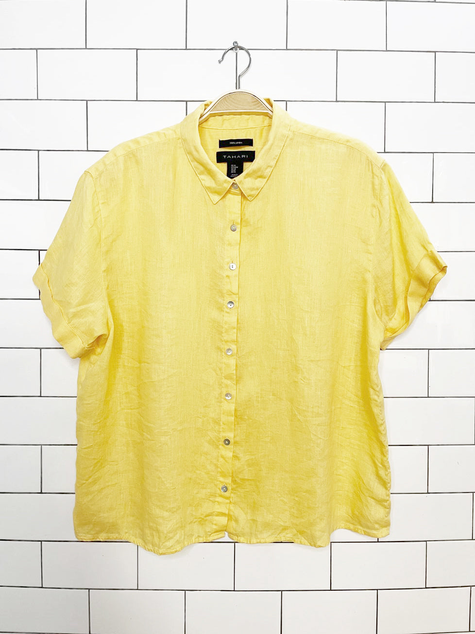 tahari 100% linen boxy relaxed full button shirt