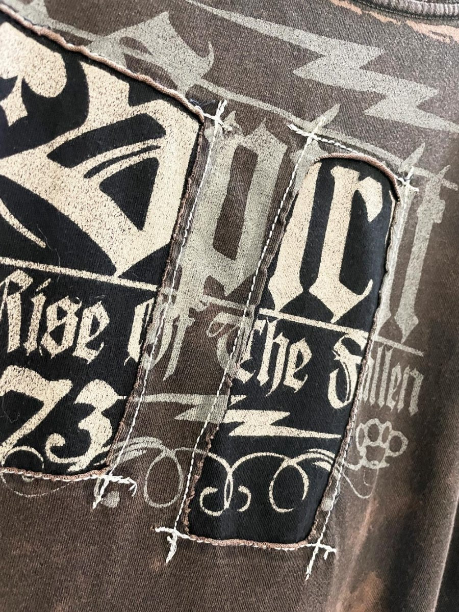 y2k affliction motor spirit patchwork skull tee - good market thrift store