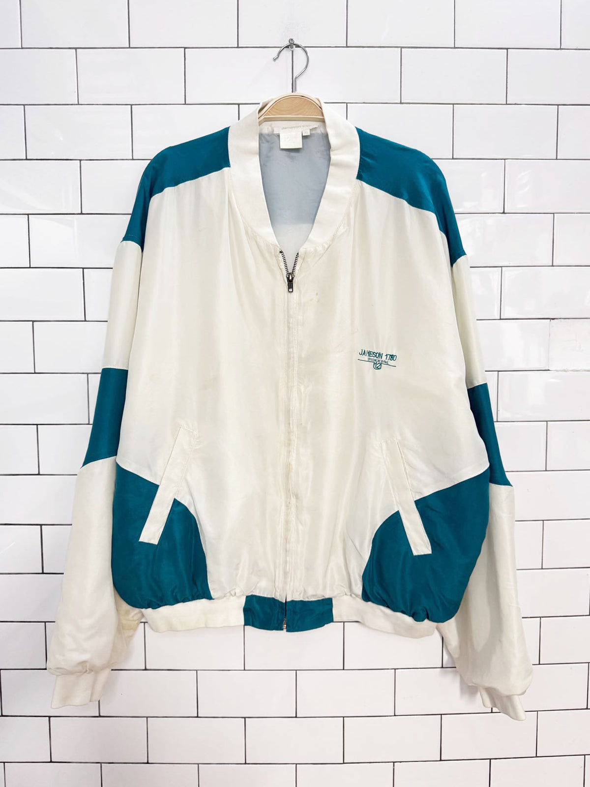 vintage 90s jameson whiskey 100% silk colour block bomber jacket