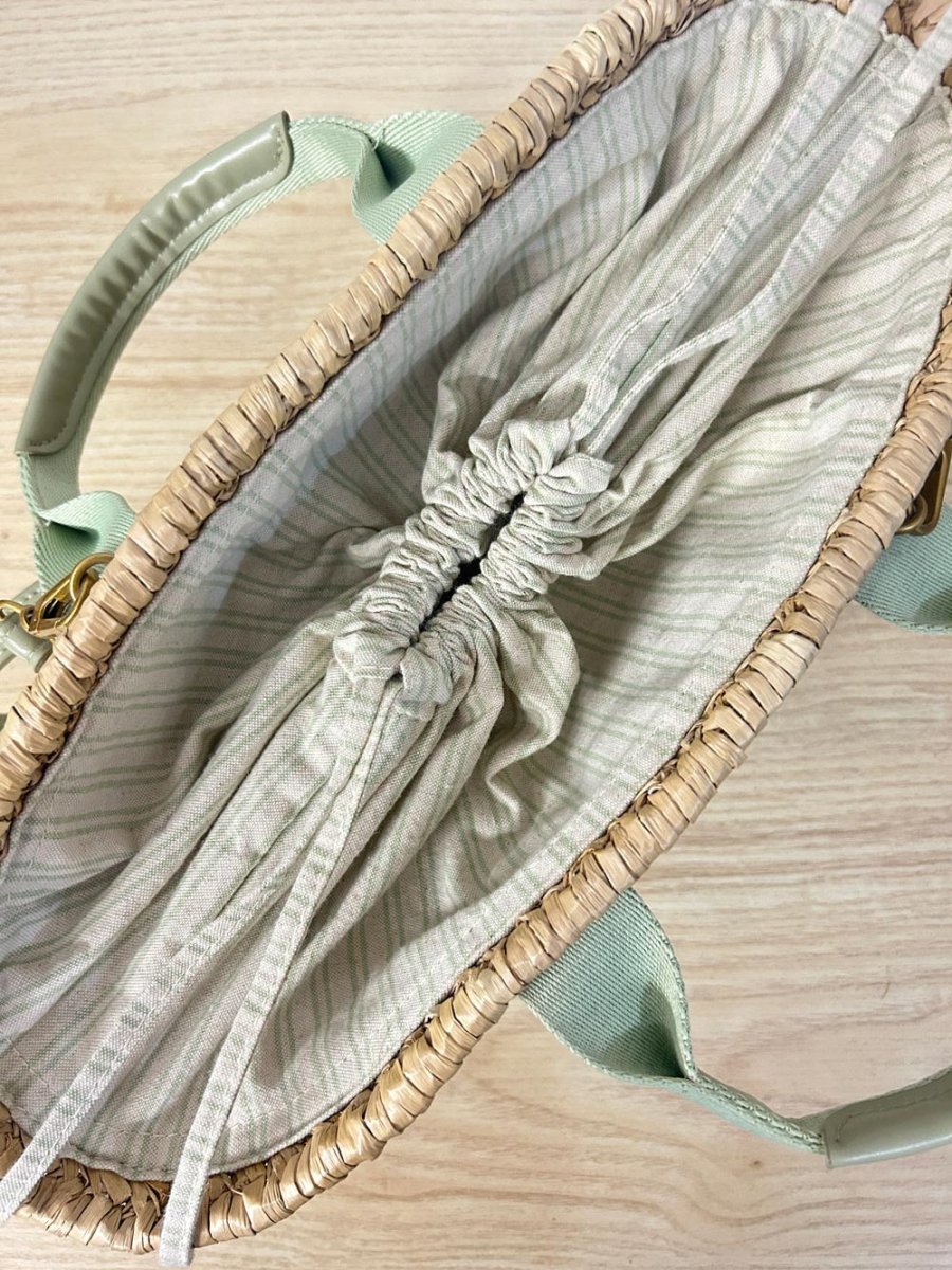 woven straw drawstring lined beach bag - good market thrift store