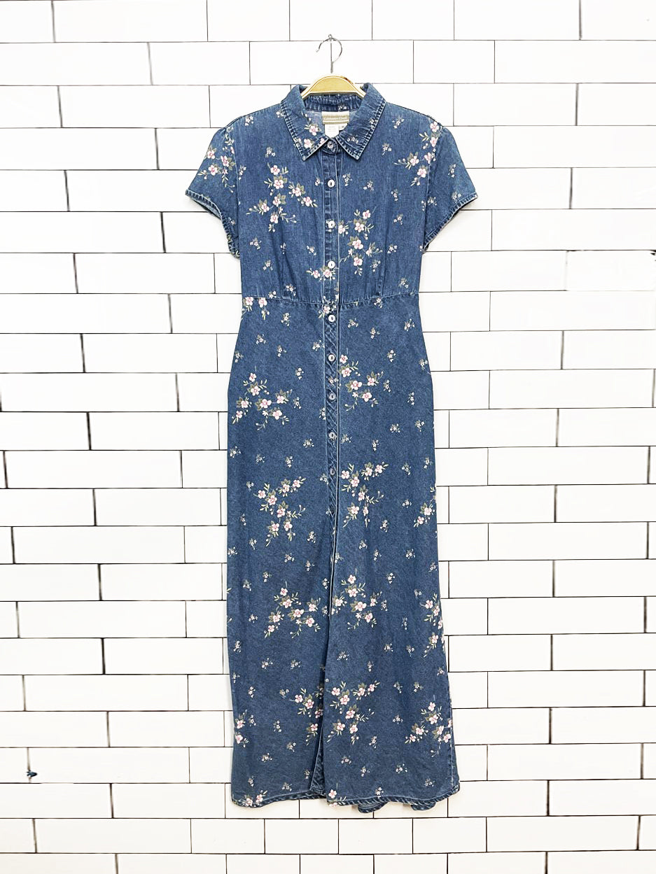 vintage 90s coldwater creek floral fitted full button denim maxi dress