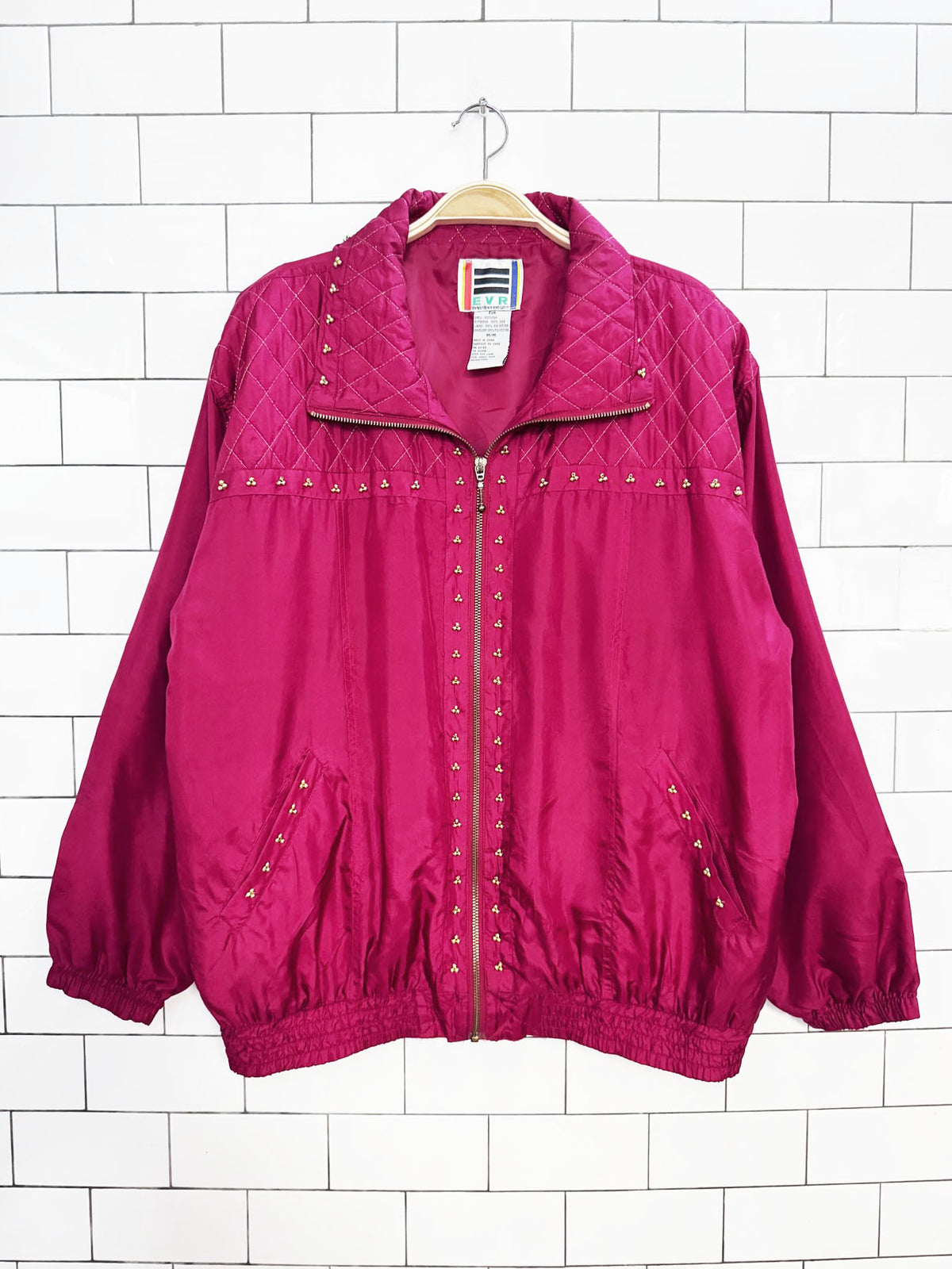 vintage 90s EVR 100% silk oversized quilted beaded full zip jacket