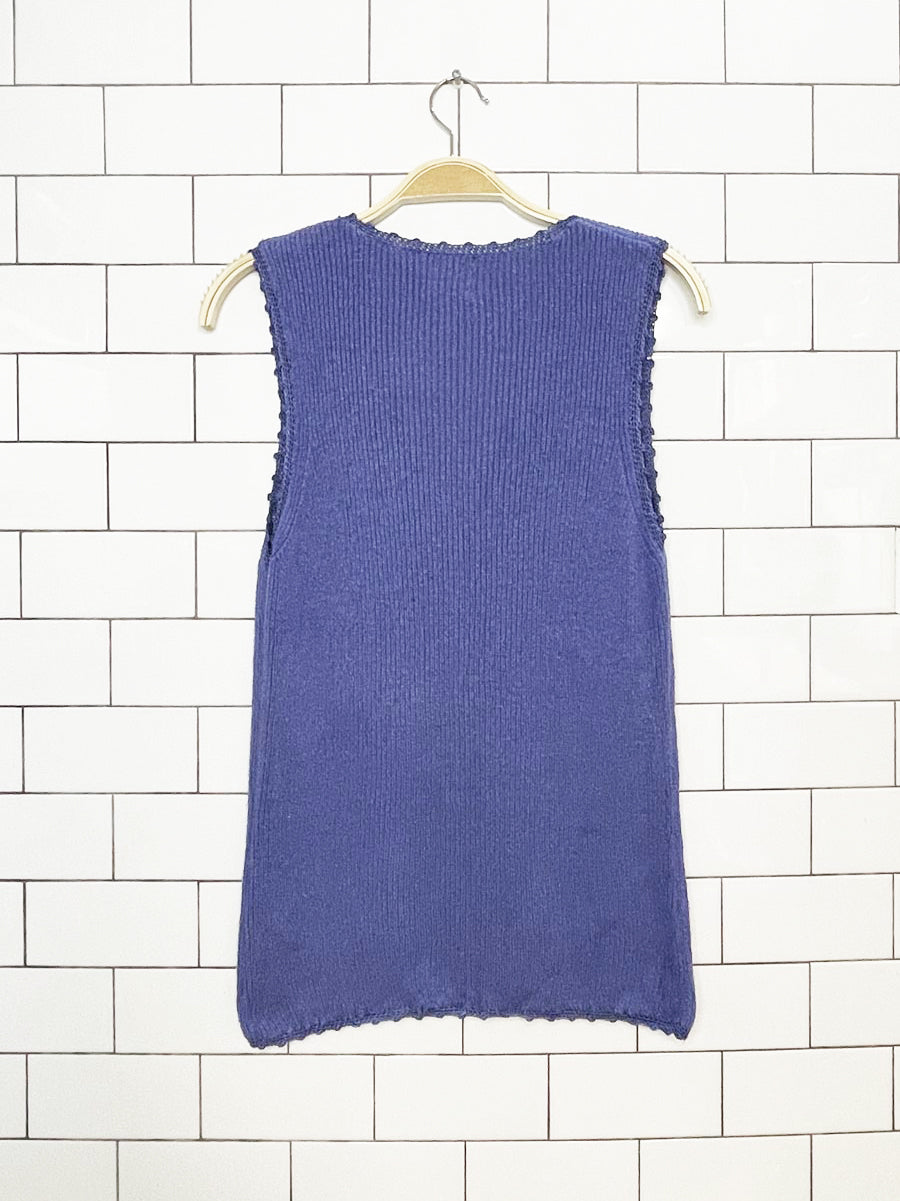 vintage bentley silk-blend crochet trim ribbed knit vest top