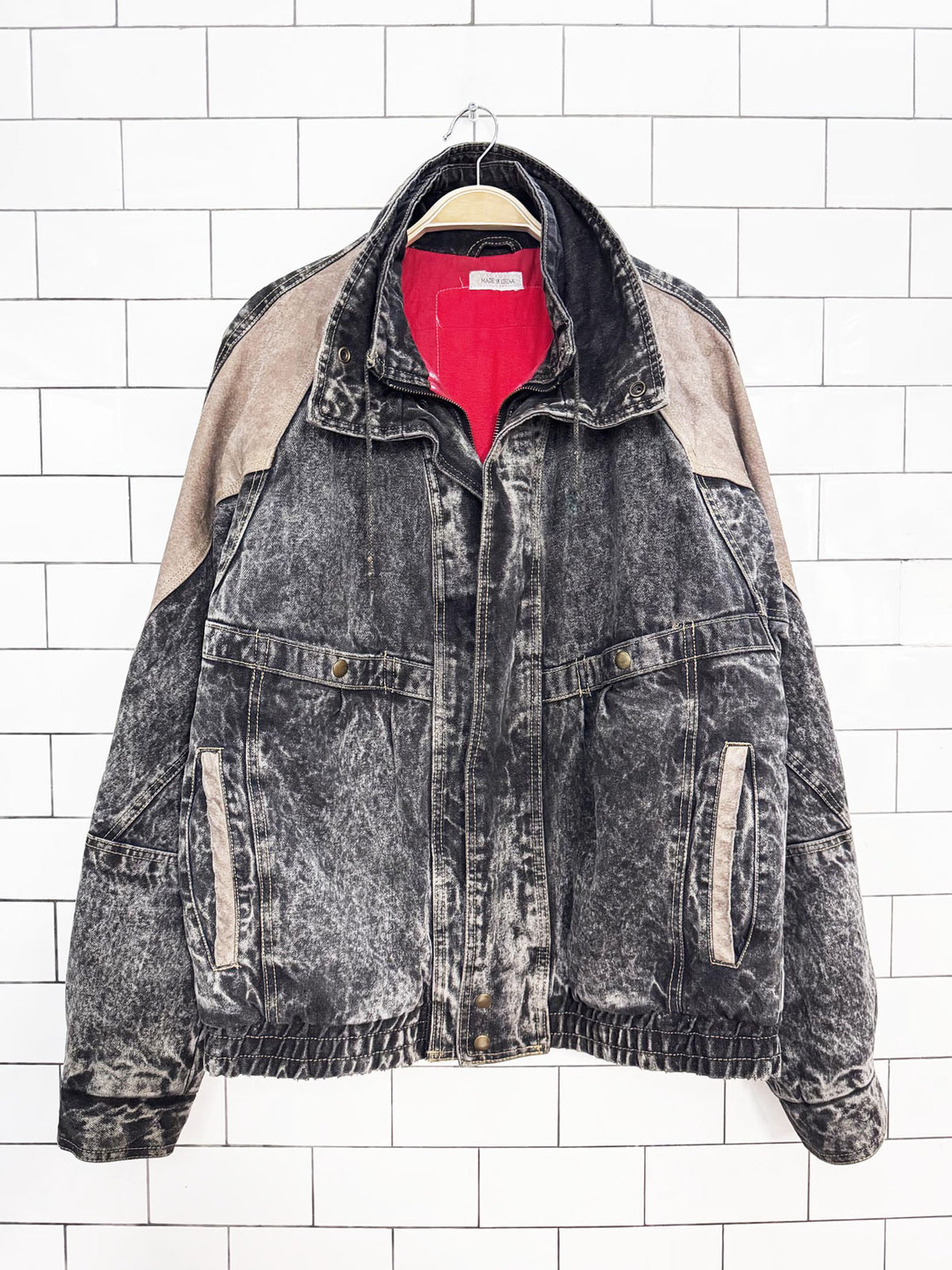 vintage 90s leather trim acid wash denim bomber jacket