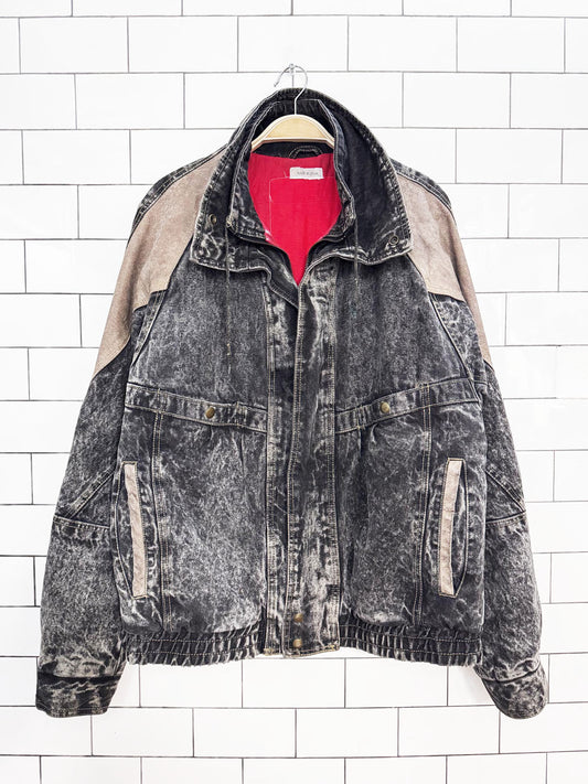 vintage 90s leather trim acid wash denim bomber jacket