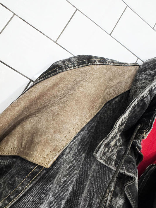 vintage 90s leather trim acid wash denim bomber jacket