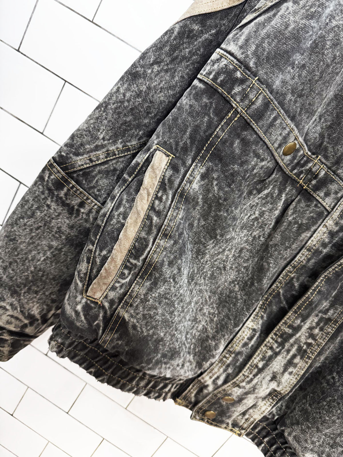 vintage 90s leather trim acid wash denim bomber jacket