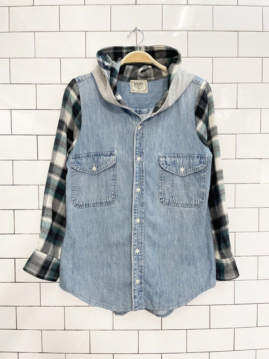 f as in frank vintage rework flannel hooded denim shirt - good market thrift store
