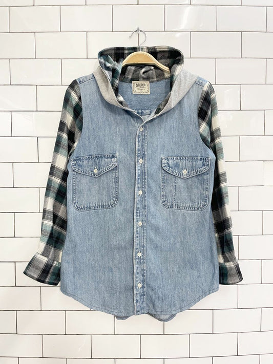 f as in frank vintage rework flannel hooded denim shirt - good market thrift store