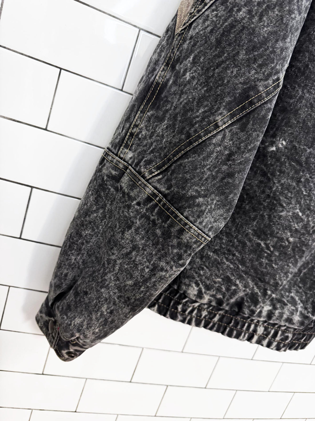 vintage 90s leather trim acid wash denim bomber jacket
