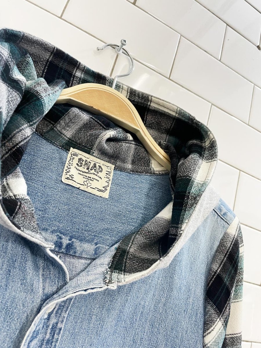f as in frank vintage rework flannel hooded denim shirt - good market thrift store