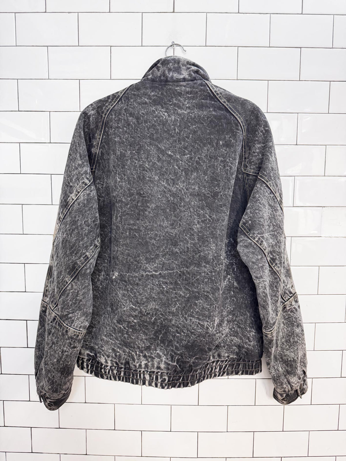 vintage 90s leather trim acid wash denim bomber jacket