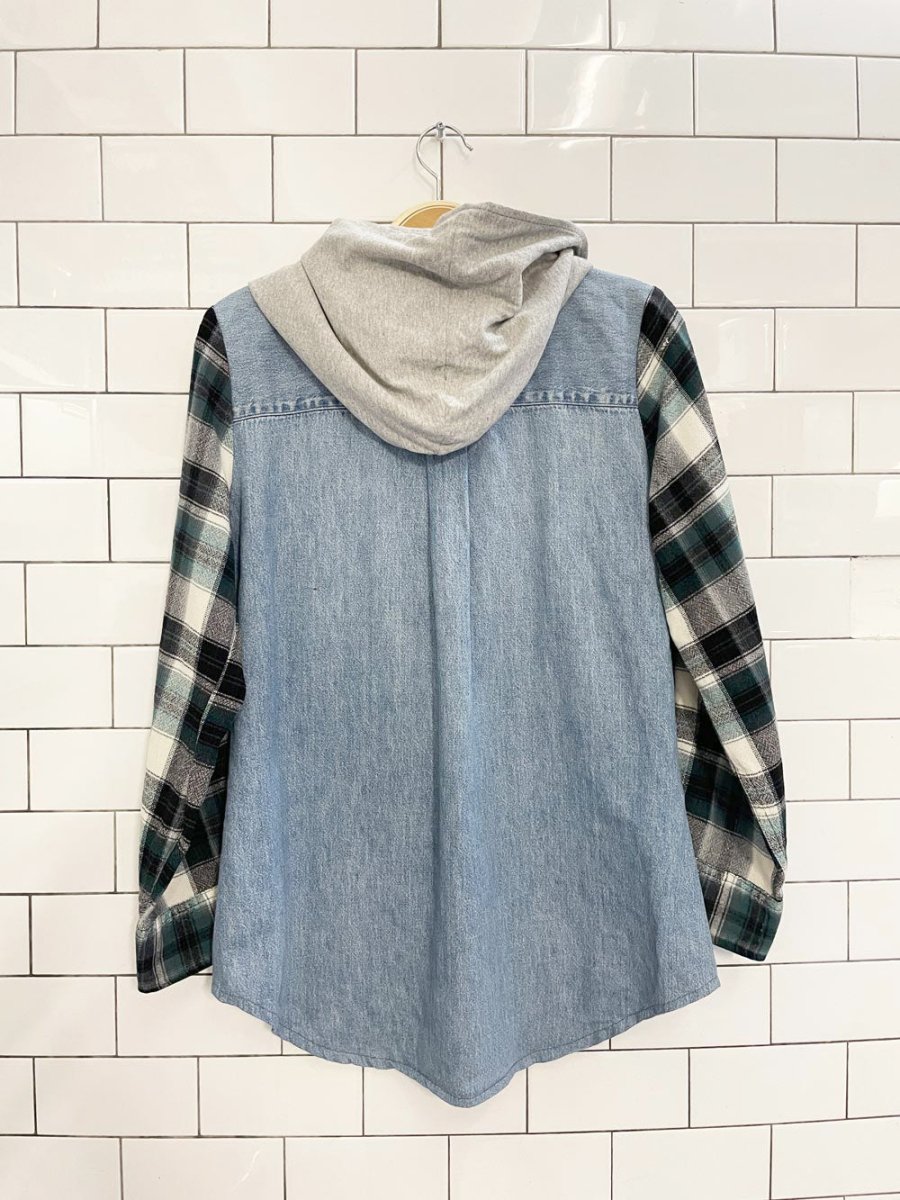 f as in frank vintage rework flannel hooded denim shirt - good market thrift store