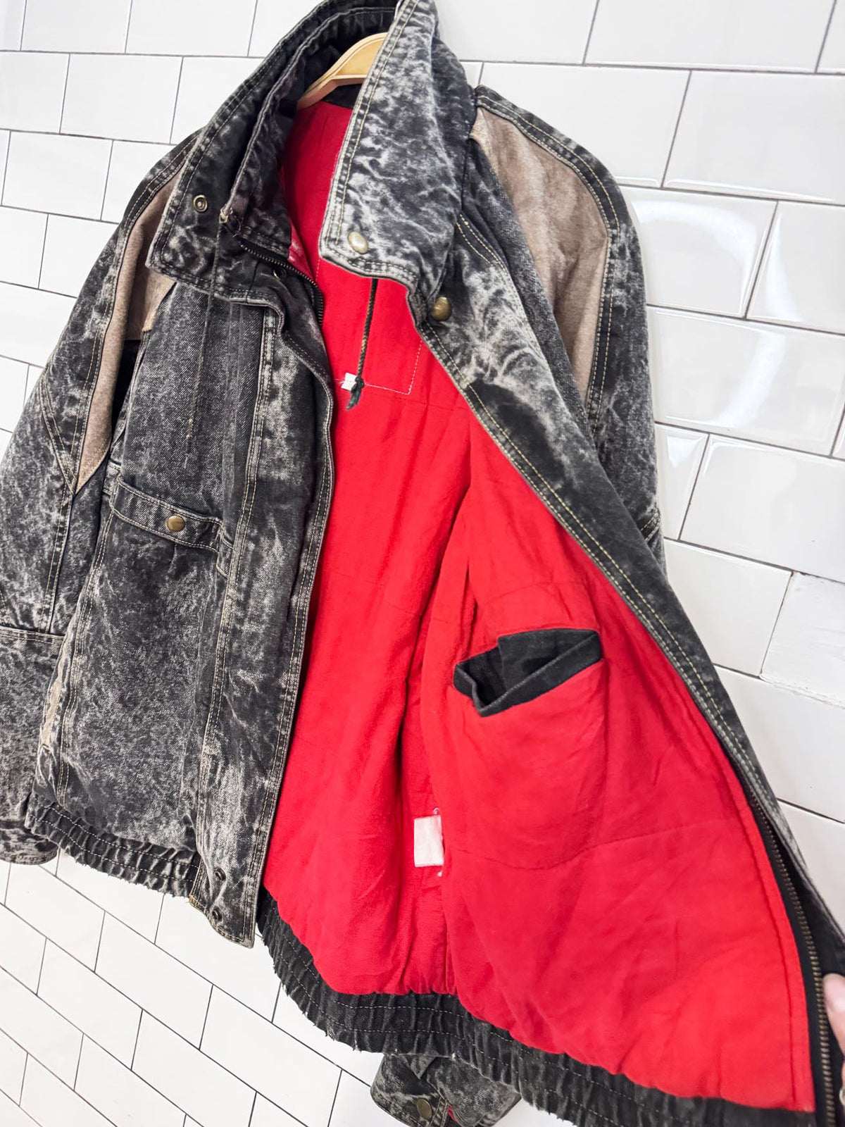 vintage 90s leather trim acid wash denim bomber jacket