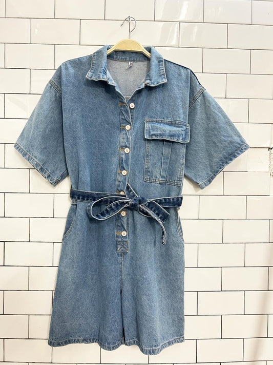 lxq 1/2 button short sleeve denim romper - good market thrift store
